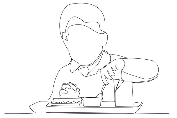 A mother prepares lunch for her child to go to school. Lunch at school one line drawing