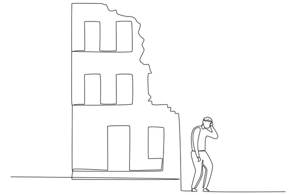 Hombre Logró Salir Casa Durante Terremoto Terremoto Dibujo Una Línea — Archivo Imágenes Vectoriales