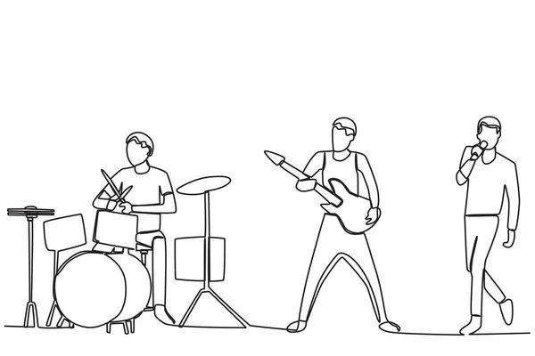 Group Boys Playing Music Band Music Band One Line Drawing — Stock Vector