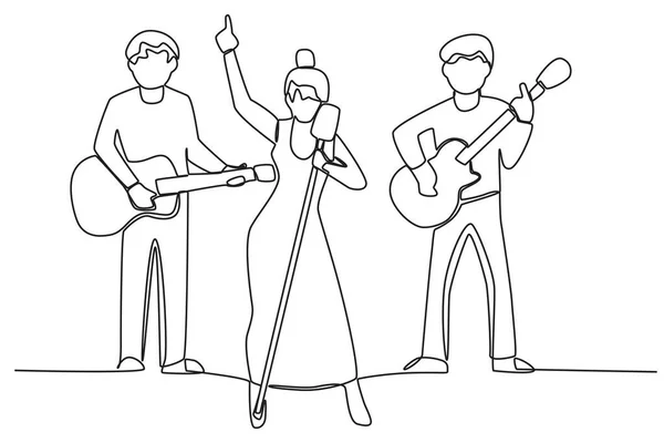 Группа Мальчиков Играющих Музыкальной Группе Однолинейный Рисунок Музыкальной Группы — стоковый вектор