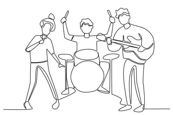 Groupe Garçons Jouant Groupe Musique Dessin Une Ligne Groupe Musique — Image vectorielle