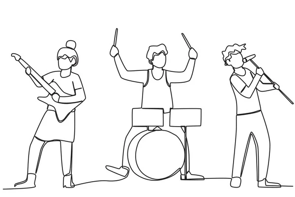 一群男孩子在演奏一个乐队 音乐乐队单行作画 — 图库矢量图片