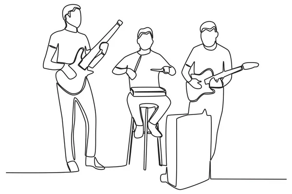 Grupp Pojkar Som Spelar Ett Musikband Musikband Enradig Teckning — Stock vektor