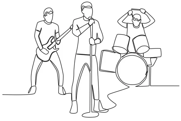 Группа Мальчиков Играющих Музыкальной Группе Однолинейный Рисунок Музыкальной Группы — стоковый вектор