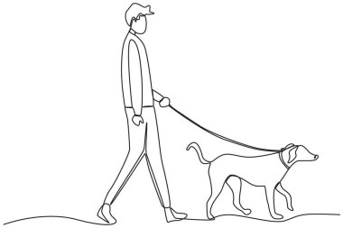 Köpeğiyle yürüyen bir kadın. Köpeğin tekli çizimiyle oynamak ya da yürümek
