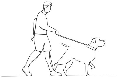 Köpeğiyle yürüyen bir kadın. Köpeğin tekli çizimiyle oynamak ya da yürümek