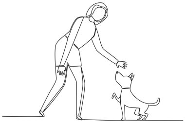 Köpeğiyle yürüyen bir kadın. Köpeğin tekli çizimiyle oynamak ya da yürümek