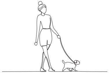 Köpeğiyle yürüyen bir kadın. Köpeğin tekli çizimiyle oynamak ya da yürümek