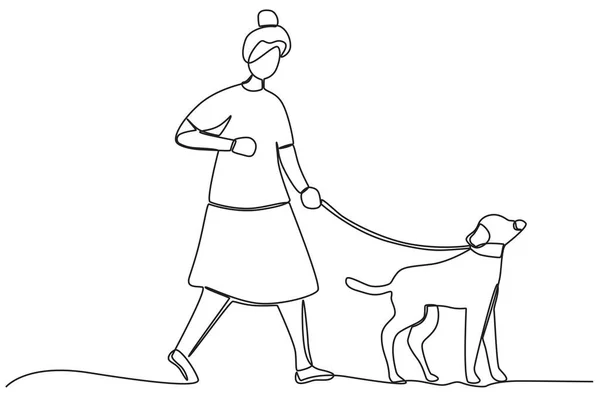 Woman Walking Her Dog Walking Playing Dog One Line Drawing — Stock Vector