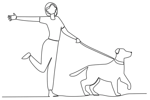 Köpeğiyle yürüyen bir kadın. Köpeğin tekli çizimiyle oynamak ya da yürümek