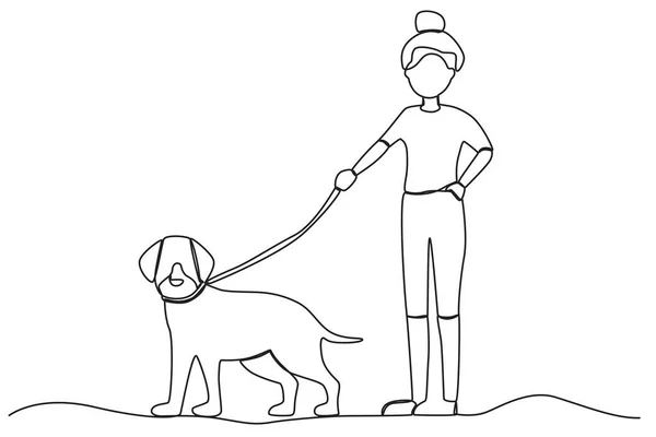 Woman Walking Her Dog Walking Playing Dog One Line Drawing — Stock Vector