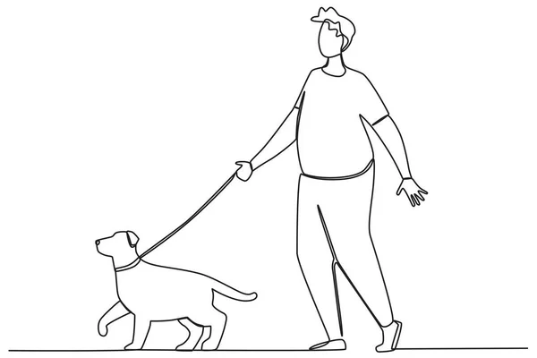 Egy Sétál Kutyájával Séta Vagy Játék Kutya Egysoros Rajz — Stock Vector