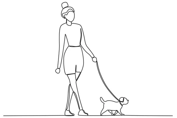 Женщина Гуляет Своей Собакой Прогулка Игра Одной Линией Рисования Собаки — стоковый вектор