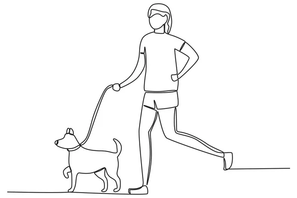 Uma Mulher Passear Com Cão Caminhando Brincando Com Cão Desenho —  Vetores de Stock