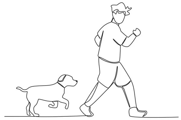 一个女人和她的狗一起散步散步或玩狗单线绘图 — 图库矢量图片
