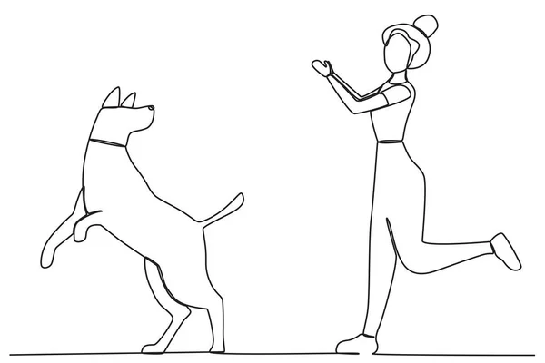 Köpeğiyle Yürüyen Bir Kadın Köpeğin Tekli Çizimiyle Oynamak Yürümek — Stok Vektör