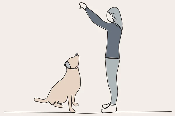 犬と一緒に歩いている女性 犬と一緒に散歩したり遊んだりする — ストックベクタ