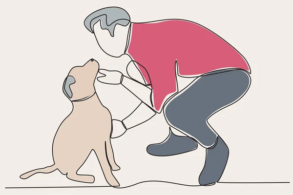 一个女人和她的狗一起散步散步或玩狗单线绘图 — 图库矢量图片