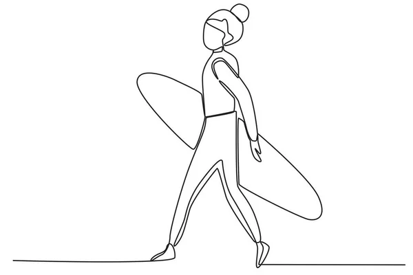 一个带着冲浪板的女人冲浪单线绘图 — 图库矢量图片