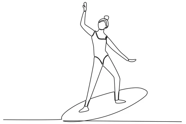 Kobieta Niosąca Deskę Surfingową Surfing Rysunek Jednoliniowy — Wektor stockowy