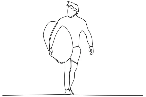 一个带着冲浪板的女人冲浪单线绘图 — 图库矢量图片