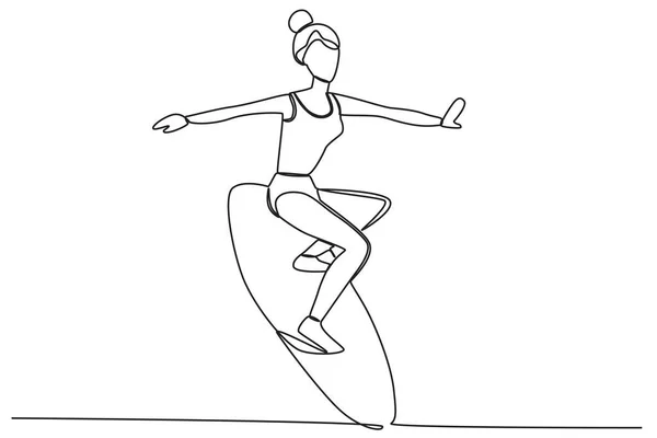 サーフボードを持っている女性 一本の線画をサーフィン — ストックベクタ
