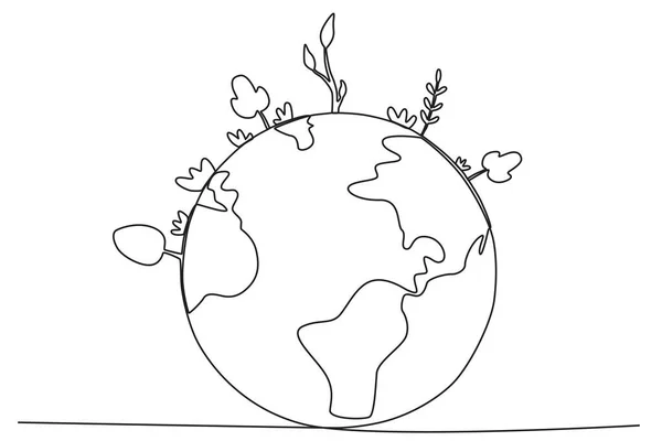 Jorden Omgiven Löv Världsomspännande Första Linjens Ritning — Stock vektor