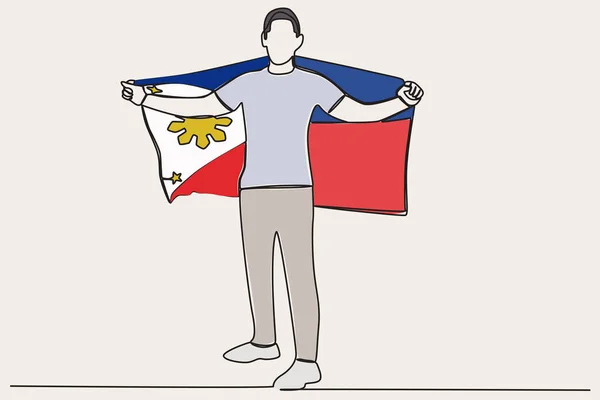 Man Med Filippinsk Flagga Filippinsk Självständighet Dag Ett Linje Ritning — Stock vektor