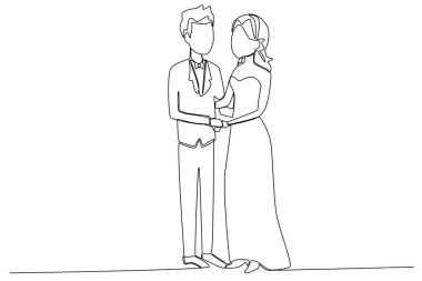 Bir erkek ve bir kadın evleniyor. Düğün tek satırlık çizim