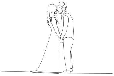 Bir erkek ve bir kadın evleniyor. Düğün tek satırlık çizim