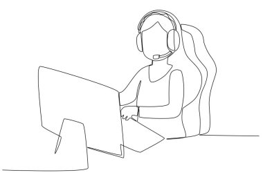 Bilgisayarda oyun oynayan ve kulaklık takan bir kadın. Çevrimiçi oyun tek satırlık çizim