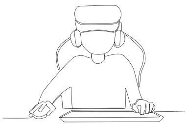 İnternette oyun oynayan bir çocuk. Çevrimiçi oyun tek satırlık çizim