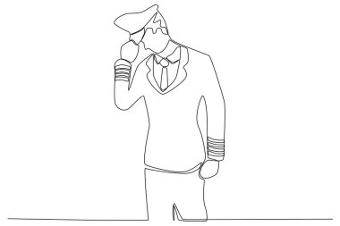 Pilot kıyafeti giyen bir kadın. Pilot ve uçak tek çizgi çiziyor