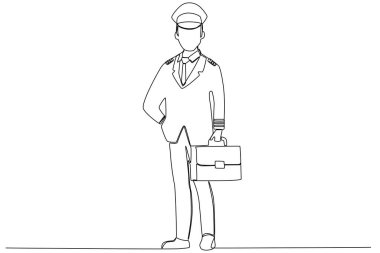 Pilot kıyafeti giyen bir kadın. Pilot ve uçak tek çizgi çiziyor