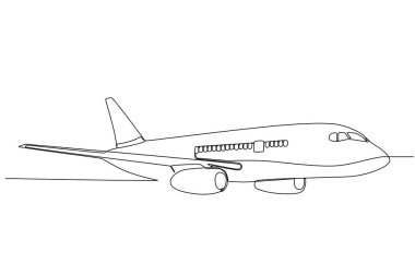 Pilot kıyafeti giyen bir kadın. Pilot ve uçak tek çizgi çiziyor