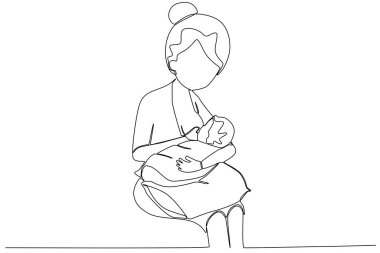 Bir anne bebeğini emzirir. Hamilelik ve emzirme tek çizgi çizimi