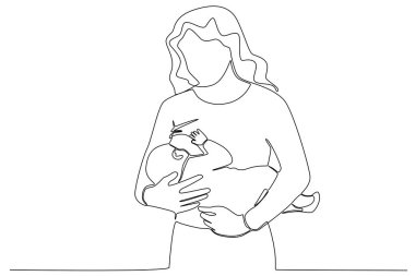 Bir anne bebeğini emzirir. Hamilelik ve emzirme tek çizgi çizimi