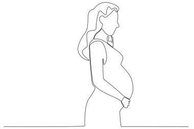 Bir anne bebeğini emzirir. Hamilelik ve emzirme tek çizgi çizimi