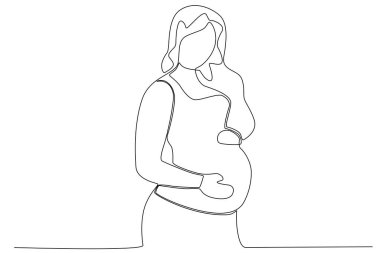 Bir anne bebeğini emzirir. Hamilelik ve emzirme tek çizgi çizimi