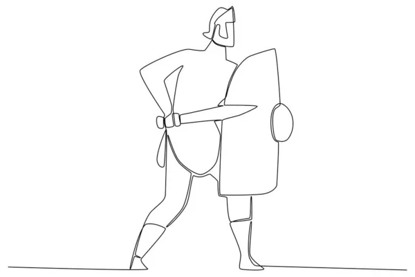 Древний Воин Держащий Меч Однолинейный Рисунок Древнего Воина — стоковый вектор