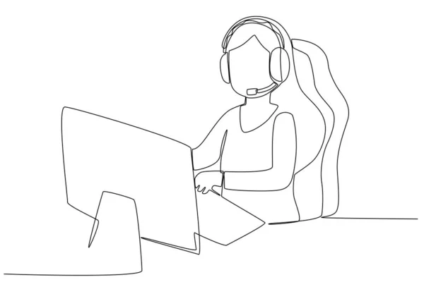 Uma Mulher Jogando Jogos Usando Fone Ouvido Desenho Uma Linha — Vetor de Stock