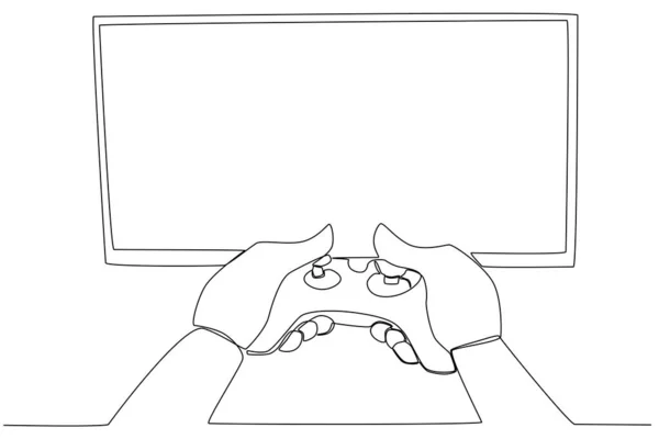 在玩网络游戏的时候手握着游戏台 在线游戏单线绘图 — 图库矢量图片