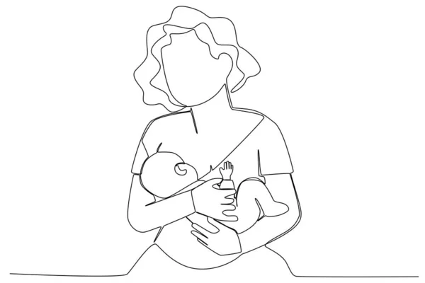 一位母亲用母乳喂她的孩子 怀孕和哺乳期单线绘图 — 图库矢量图片