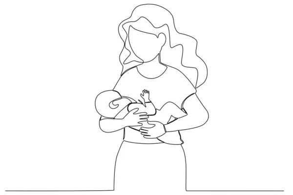 一位母亲用母乳喂她的孩子 怀孕和哺乳期单线绘图 — 图库矢量图片