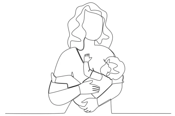 Bir anne bebeğini emzirir. Hamilelik ve emzirme tek çizgi çizimi