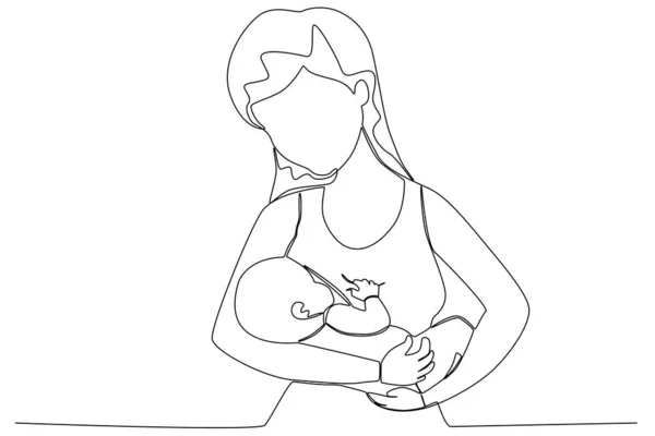 Mother Breastfeeds Her Baby Pregnant Breastfeeding One Line Drawing — Stock Vector