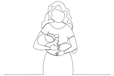 Bir anne bebeğini emzirir. Hamilelik ve emzirme tek çizgi çizimi