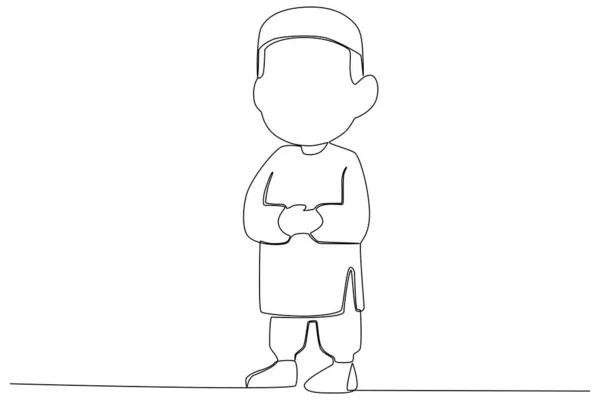 Ein Junge Betet Hause Scholat Einzeilige Zeichnung — Stockvektor