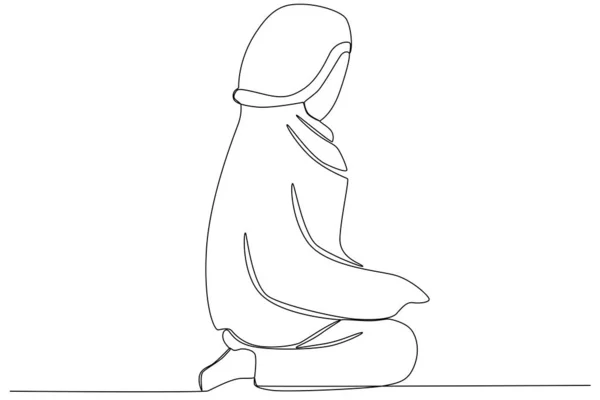 少年が家で祈っている 1本の線画を削る — ストックベクタ