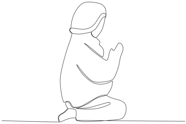 Ein Junge Betet Hause Scholat Einzeilige Zeichnung — Stockvektor